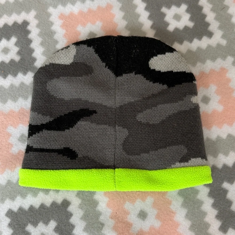 Reversible Camouflage Knit Beanie with lime green fleece lining one size unisex